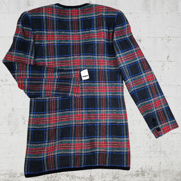 90s Vintage Black Red Stewart Tartan Plaid Velvet Trim V Neck Blazer Size 4 - Picture 10 of 10